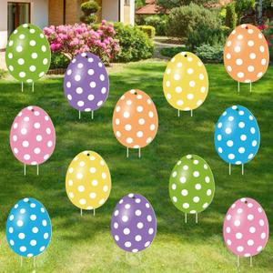 12Pcs Easter Yard Signs Outdoor Decorations Pastel Easter Egg shaped Yard Sign with Stakes Colorful Eggs Garden Signs for Garden Lawn Home Party Supplies (12 Pcs Eggs)