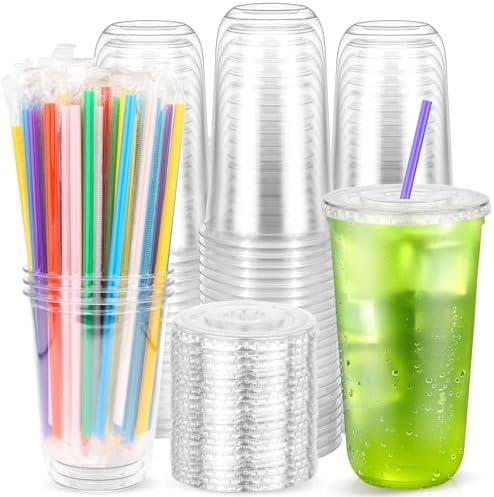 Etersky 100PCS 20 oz Clear Plastic Cups with Lids and Colorful Straws, Round Bottom Disposable To Go Coffee Smoothie Juice Bubble Tea Cups, PET Party Cups for Holiday, Birthdays, Picnics, Christmas