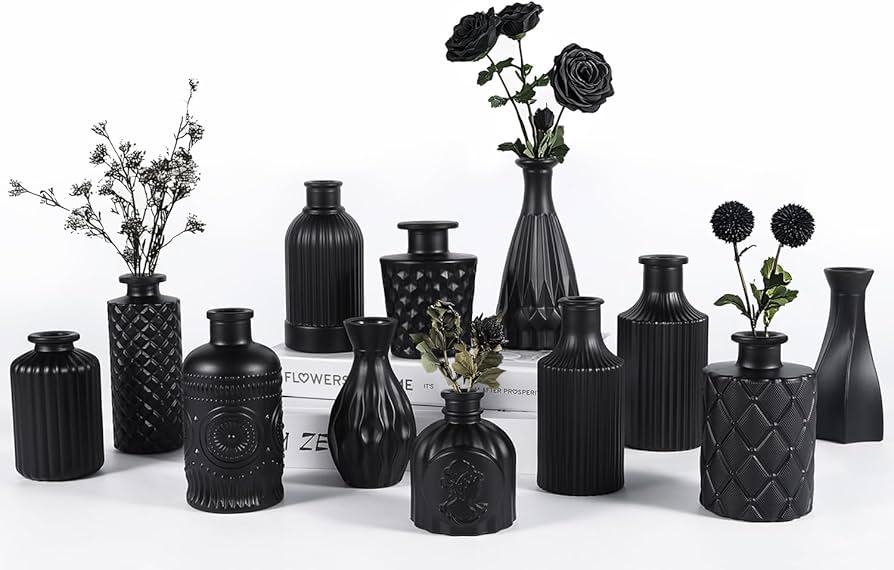 TBWIND 12pcs Glass Bud Vases Set, Small Vases for Flowers, Black Bud Vase for Centerpieces in Bulk, Mini Vintage Vase for Rustic Wedding Decorations, Office and Home Table Flower Décor-Black