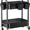 2 Tier Rolling Cart Metal, Two Tiered Short Storage Side Table with Wheels, Under Desk Mobile Trolley on Wheels, Small Utility Organizer Carts for Craft, Baby, Bedside, Office, Kitchen, Black Basket