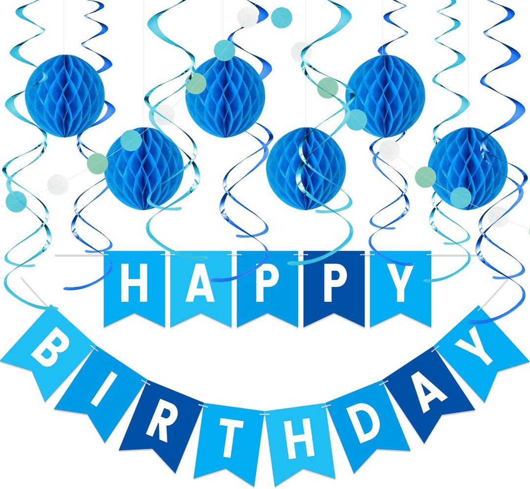 Blue Birthday Decorations Kit - 16-Piece Set with Pre-Strung Happy Birthday Banner, Honeycomb Balls, Garland & Swirls | Blue Theme Party Supplies for Men Boys Kids, Teens Adults