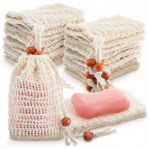 60 Pack Mesh Soap Saver Bags, 5.3 x 3.7 Inch Natural Sisal Exfoliating Soap Pouch Holder with Drawstring for Lathering, Drying, and Shower Use, Beige