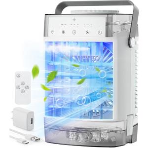 Portable Air Conditioners, Mini Evaporative Air Cooler with Remote, 3 Wind Speed & 2 Mist Mode, 7-Color Night Light, 2-4-8H Timer, 1600ML Water Tank Small Cooling Fan for Home Office Bedroom