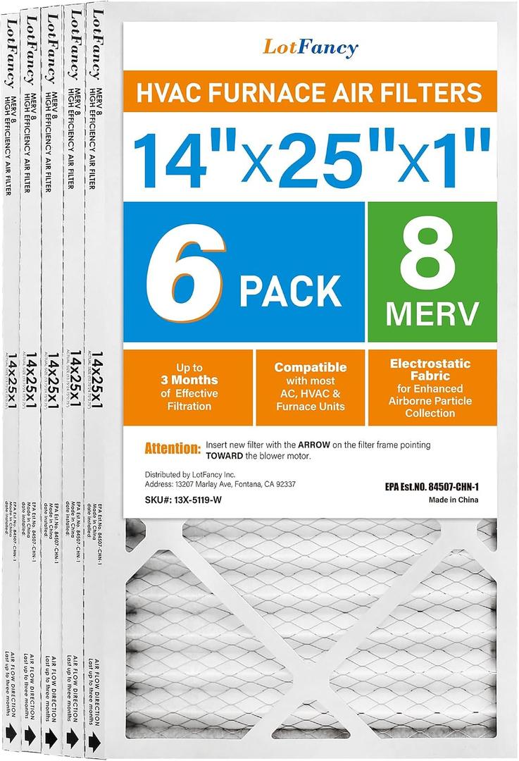 LotFancy 14x25x1 Air Filter MERV 8 6-Pack, Actual Size: 13.75"x24.75"x0.75", Electrostatic Pleated Furnace & AC Filter, Captures Dust, Pet Hair, Pollen