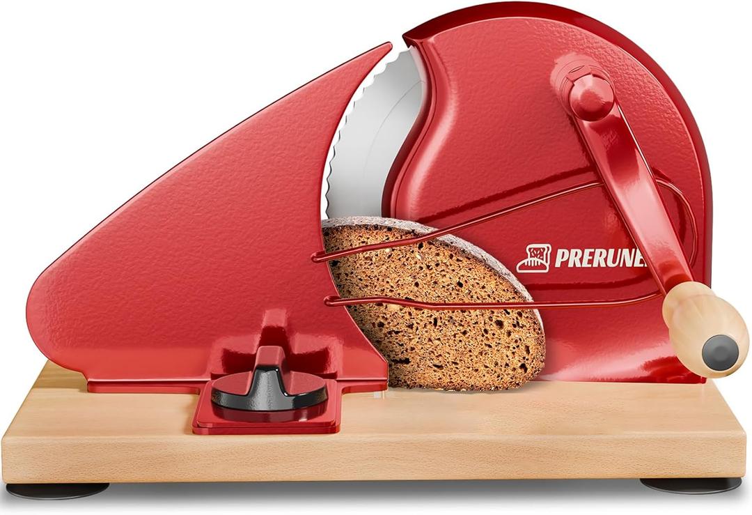 Adjustable Manual Sourdough Bread Slicer with Metal Bread Guide.Crank Bread Slicer for Homemade Sourdough Bread Stainless Steel Blade Sourdough Cutter with Suction Cup.(Red)
