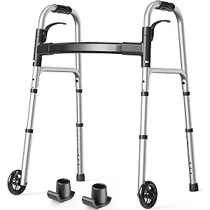 HolyHeal Folding Walkers for Seniors with 2 Skis and 5" Wheels, Lightweight Adult Rolling Walker, Supports Up to 350 Pounds, Adjustable Height, Aluminum Standard Walker, Silver