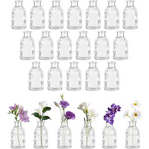 Glass Bud Vases Set of 24, Small Flower Vase in Bulk, Clear Mini Ribbed VaseS for Centerpieces, Modern Wedding Reception Table Decorations
