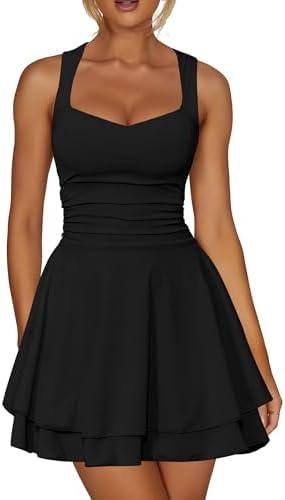 Kaximil Women's Sexy Square Neck Sleeveless Mini Dress Ruched Ruffle Hem Corset Party Dresses, Large