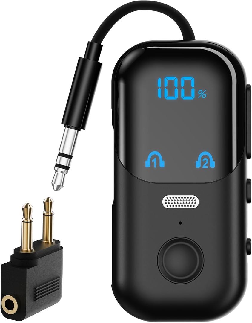 Bluetooth 5.4 Transmitter Receiver for 2 AirPods/Headphones, 2-in-1 Airplane Bluetooth Adapter with Mic for Hands-Free Calls, Low Latency, Wireless Audio Adapter for Travel Flight TV Speakers (Black)