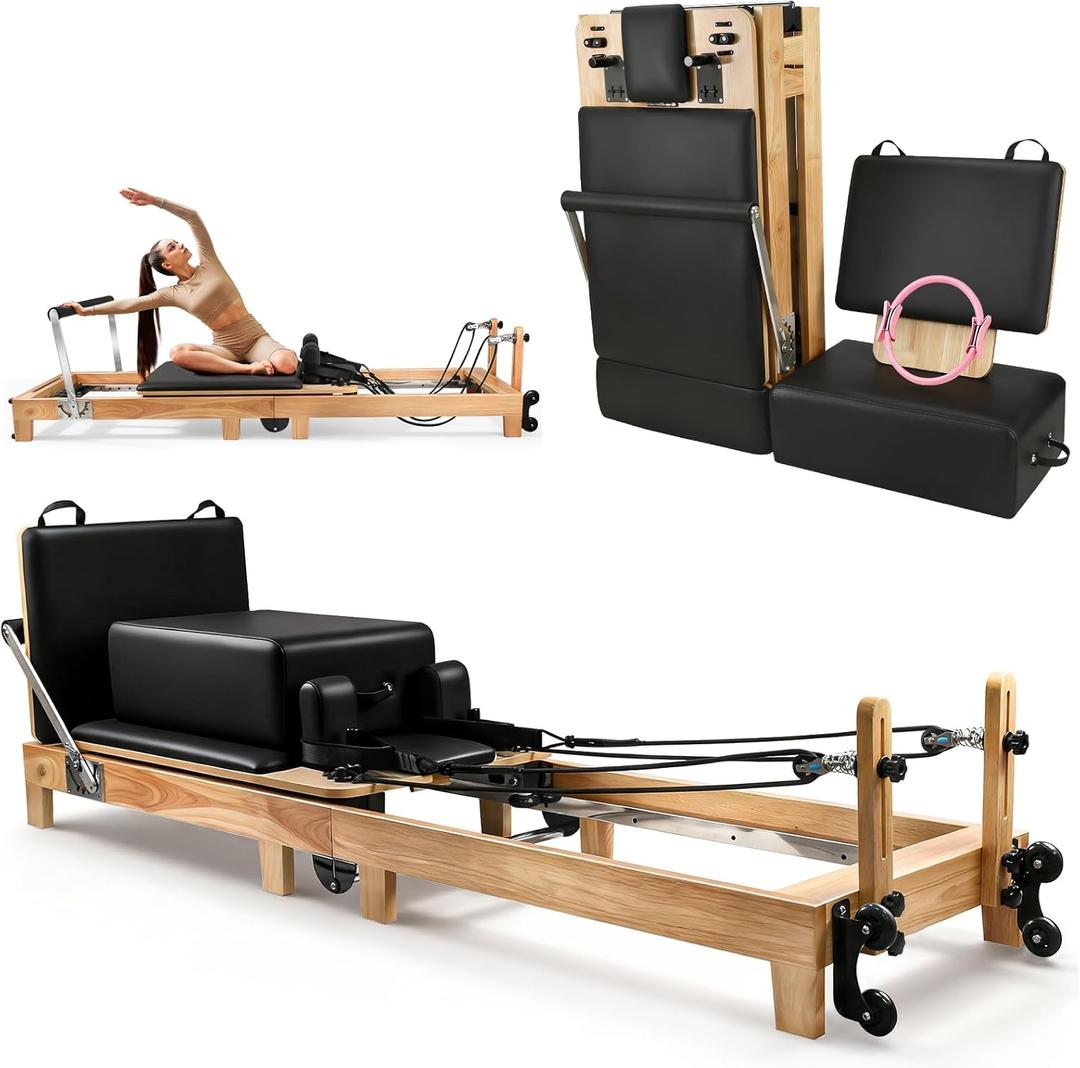 94.5" Pilates Reformer, Wooden Foldable Machine with Springs, Quick-Assembly Studio Grade Pilates Equipment with Sitting Box & Jump Board