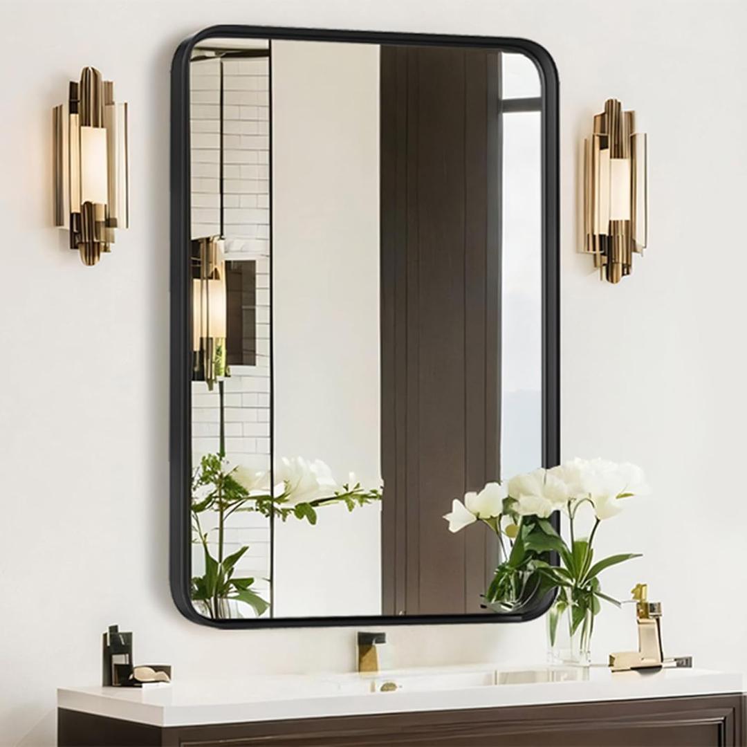 Bathroom Mirror for Wall, 30x22 Inch Rectangle Mirror, Matte Black Metal Framed Bathroom Vanity Mirror for Restroom Farmhouse, Anti-Rust, Tempered Glass, Horizontally or Vertically Hanging