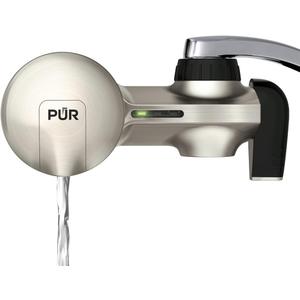 PUR PLUS Horizontal Faucet Mount Water Filtration System, 3-in-1 Lead Reducing Filter for Great-Tasting Filtered Tap Water, Lasts 100 Gallons, Fits Most Kitchen or Bathroom Faucets, Stainless Steel