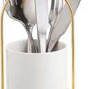 JUXYES Ceramic Silverware Holder For Tabletop, White Cutlery Holder With Golden Metal Bracket, Decorative Flatware Holder Countertop Utensil Holder Organizer for Wedding Kitchen Dining Tables (Pack of 1)