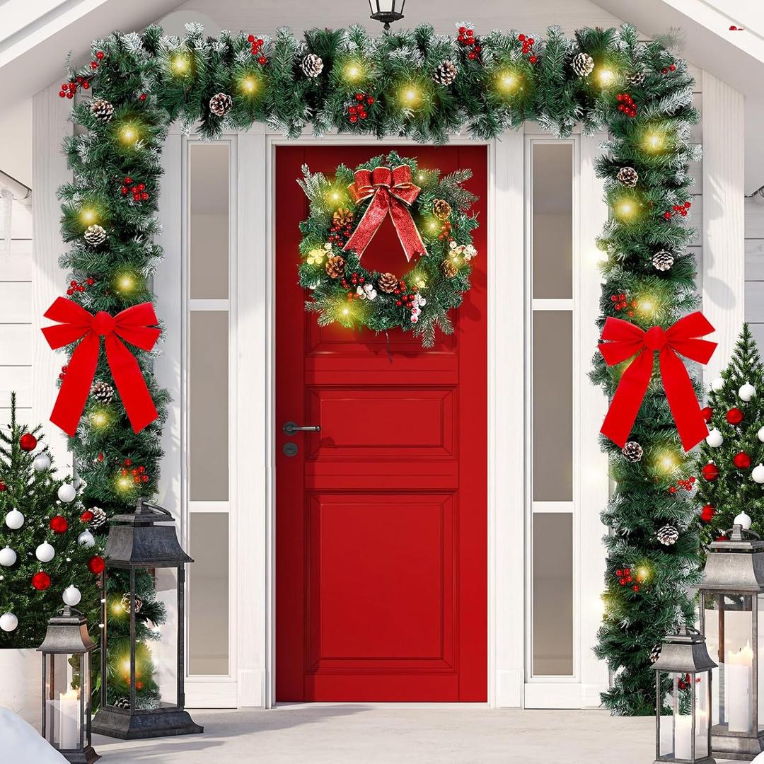 Yingzhao 6 Pcs Christmas Wreath Decoration Kit for Front Door Include 18FT 100 LED Lights Christmas Garland 20 LED Lights 16'' Xmas Wreath with Mental Hanger 2 Red Xmas Bows