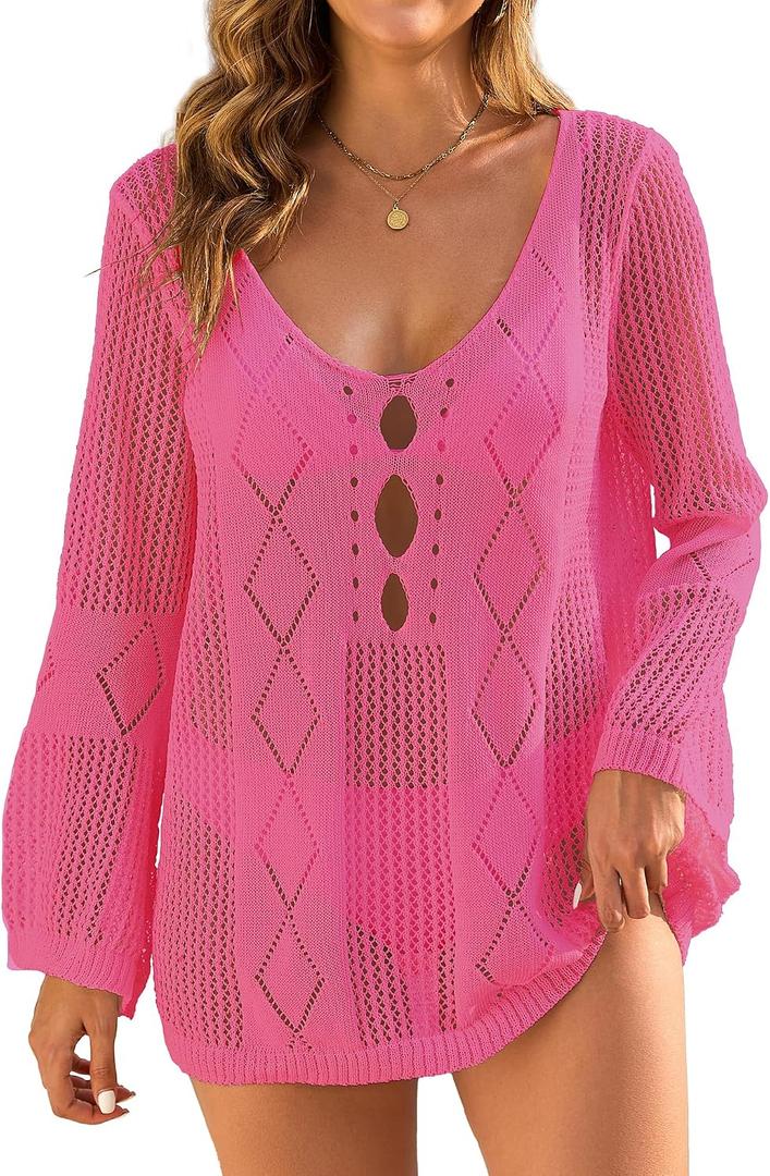 Womens Summer Crochet Swimsuit Coverup Sexy Crew Neck Long Sleeve Mesh Knit Bikini Cover Ups Beach Dresses 2026 (Pink, S)