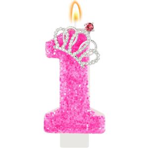 Hot Pink Birthday Candle Crown Number 1 Candle 1st Birthday Cake Topper Cupcake Decor Princess Themed Party Decorations for Girls and Women Anniversary Celebrations Supplies Favors