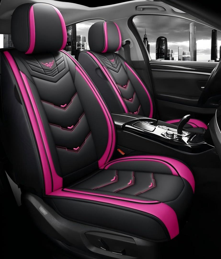 BGYFOU Fashion PU Breathable Leather car seat Cover 5-Seater Universal fit (Black-Rose red)