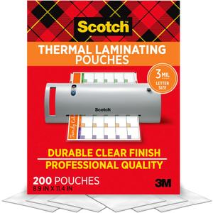 Scotch Thermal Laminating Pouches, 200 Count, Clear, 3 mil.