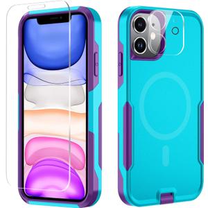 Xmon for iPhone 11 Magnetic Case [Compatible with MagSafe] Tempered Glass Screen Protector with Camera Lens Protector Phone Case Cover for Apple iPhone 11 (Magnetic Aqua Purple)