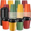 100 Pack 8 oz Fall Disposable Coffee Cups with Lids Bulk Autumn Paper Orange Color Thanksgiving Party Insulated Cups for Hot Cold Drinks Travel Party Supplies