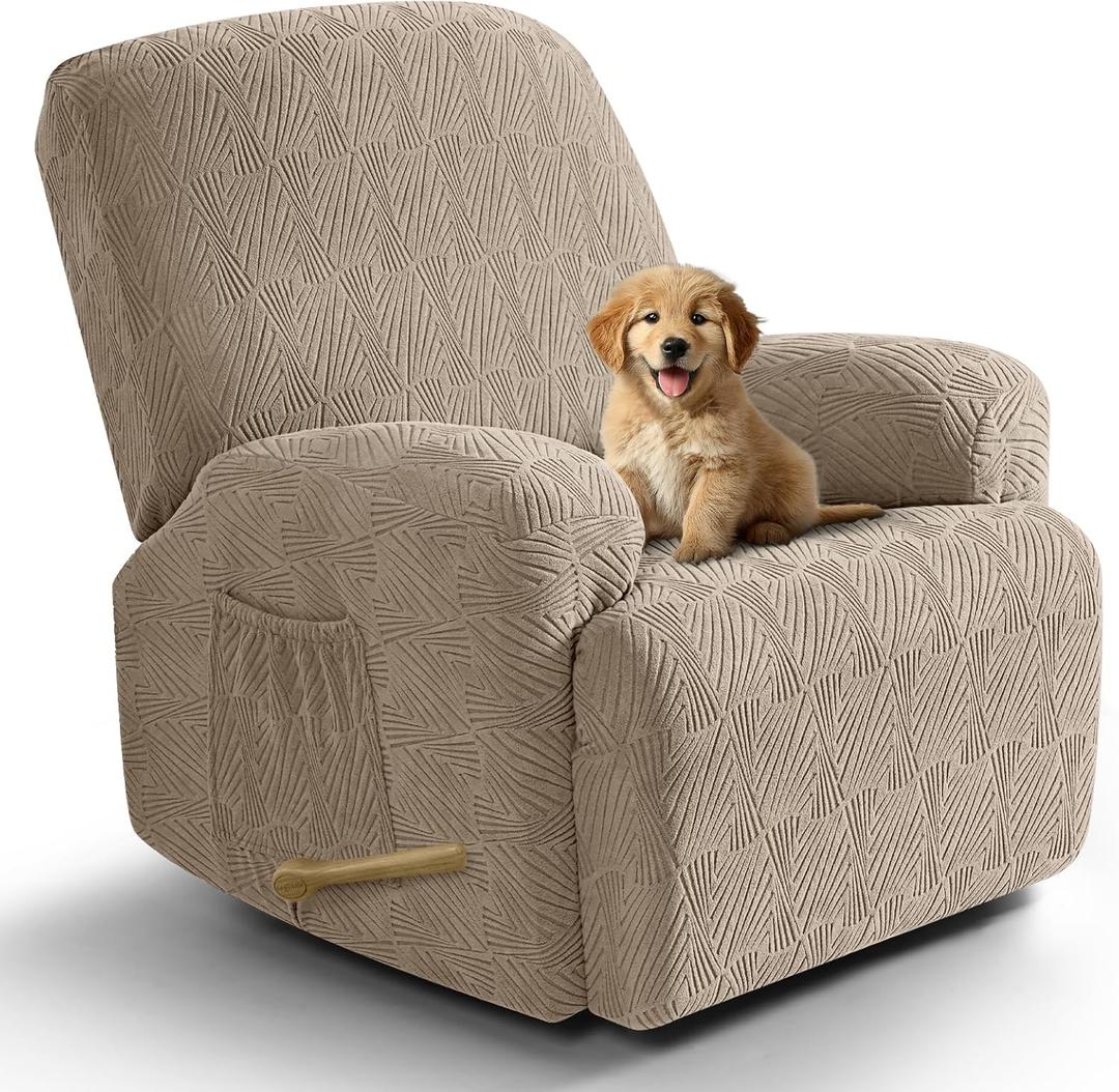 VANSOFY Recliner Chair Covers, 4-Pieces Stretch Recliner Cover Jacquard Soft Reclining Chair Slipcover Furniture Protector with Elastic Bottom for Lazy Boy Recliner(Khaki) (1 Seat)