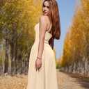 Memoriesea Women's Elegant Square Neck Swing A Line Wedding Evening Party Midi Dress (Yellow, S)