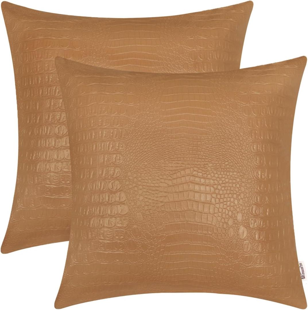 BRAWARM Faux Leather Pillow Covers 18 X 18 Inches, Tan Leather Pillow Covers Pack of 2, Crocodile Leather Decorative Throw Pillows for Living Room Couch Bed Sofa Home