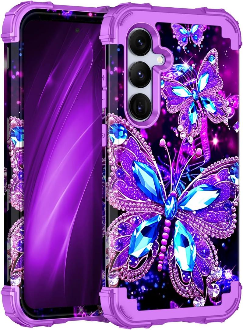 Miqala for Galaxy S24 5G Case,Glow in The Dark Three Layer Heavy Duty Shockproof Full Protection Hard Plastic Bumper+Soft Silicone Protective Case for Samsung Galaxy S24 6.2 inch,Dark Butterfly