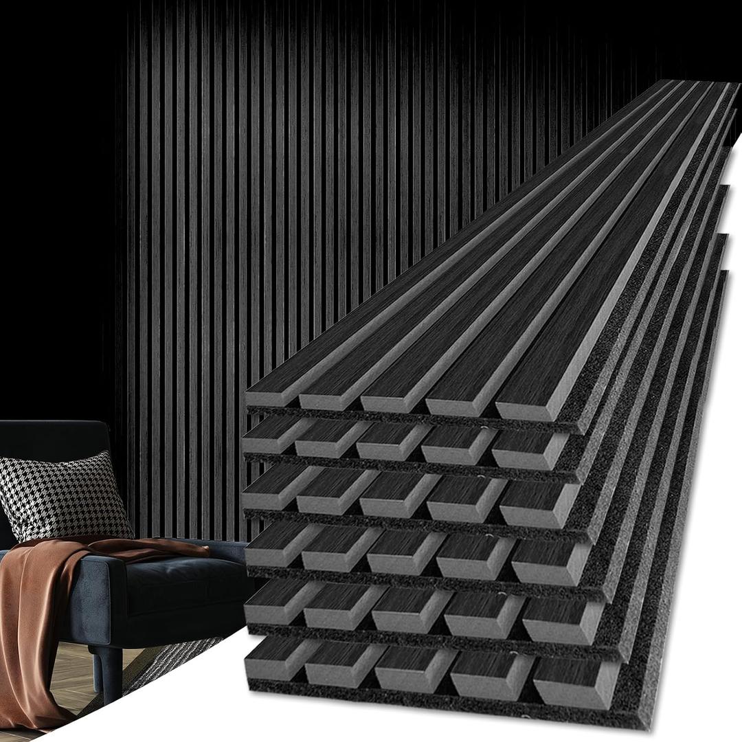 Art3d 6-Piece Wood Slat Acoustic Panels for Stylish Decor and Noise Reduction, 3D Textured Panel for Ceiling and Wall, Matte Black