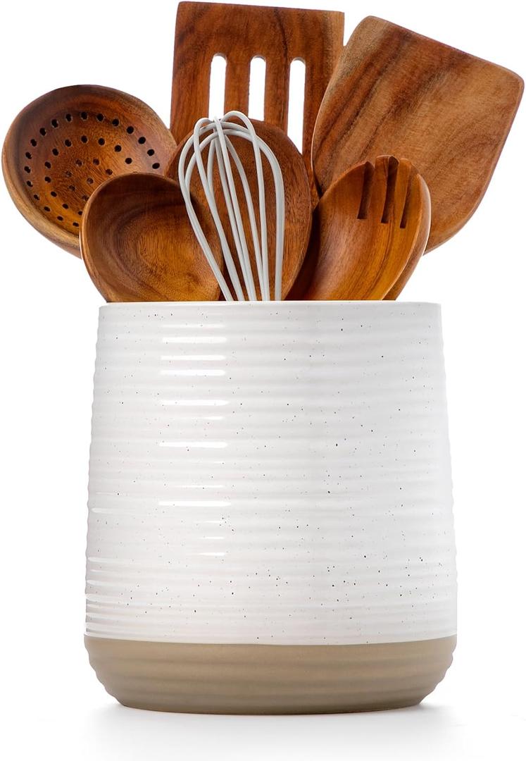 Officepal 6.8" Large Ceramic Kitchen Utensil Holder - Utensil Holder for Kitchen Counter, Modern Farmhouse Style Holder for Spoons, Spatulas & Cooking Tools (White)