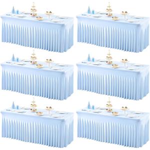 6 Packs Baby Blue Table Clothes for 8 Foot Rectangle Tables, One-Piece Wrinkle Resistant Stretch Spandex Table Covers with Skirt for Event Banquet Wedding Birthday Party