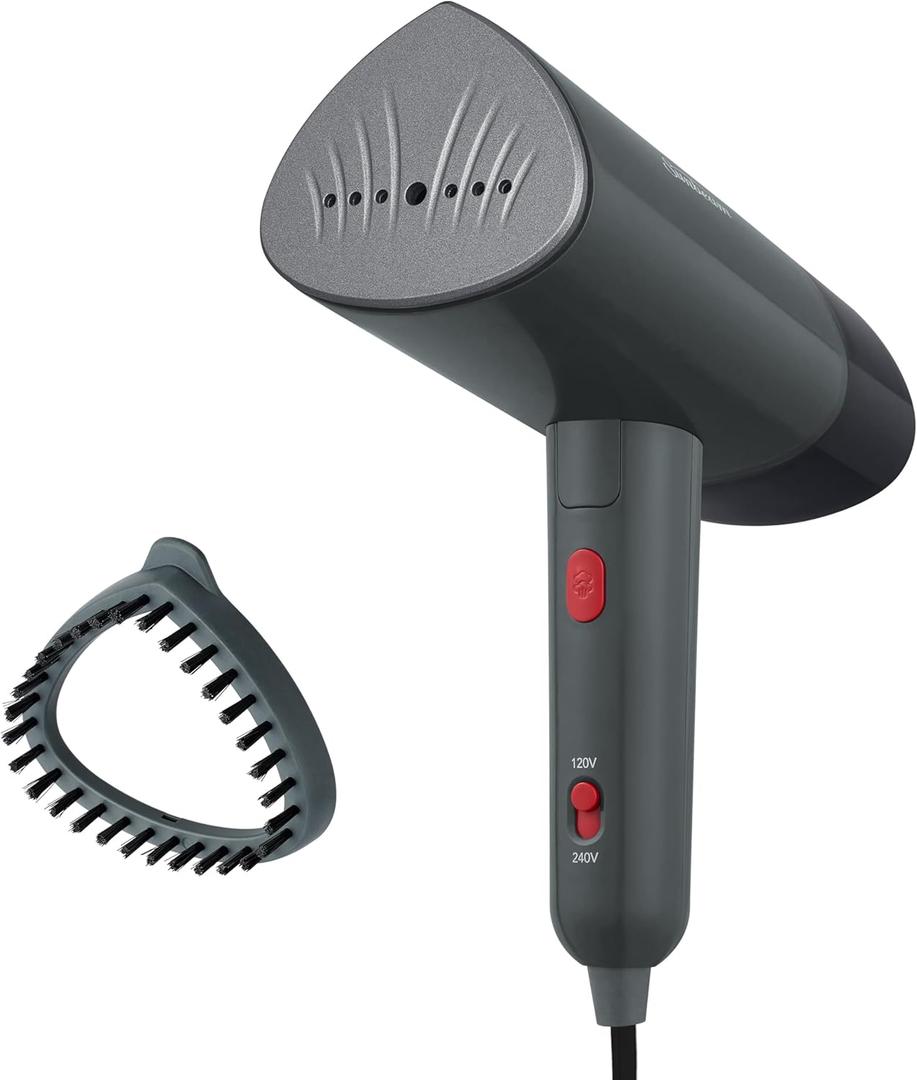 Sunbeam 1520W Handheld Steamer for Clothes, Portable, Foldable, Travel Steamer, Dual Voltage 120/240, Non-Stick, High and Low Steam Setting, 25s Heat Up, 140ml Tank, Bristle Brush, Storage Bag, Black (One Size)