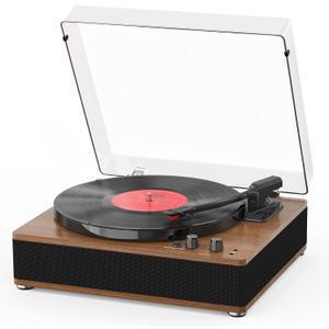 3-Speed Vinyl Record Player Sleek Bluetooth Turntable Full-Size Platter with Bluetooth Input/Output, Built-in Speakers, Counterweight & Auto-Stop with RCA/AUX Out, Tan