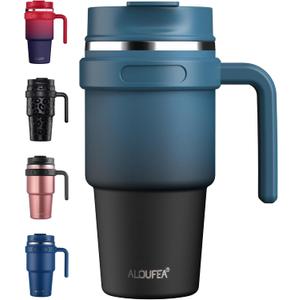ALOUFEA 20 oz Insulated Coffee Mug Tumbler with Handle, Stainless Steel Travel Mug Tumbler with Lid and Straw, Double Wall Vacuum Leak Proof Ice Coffee Thermal Cup, Indigo Black