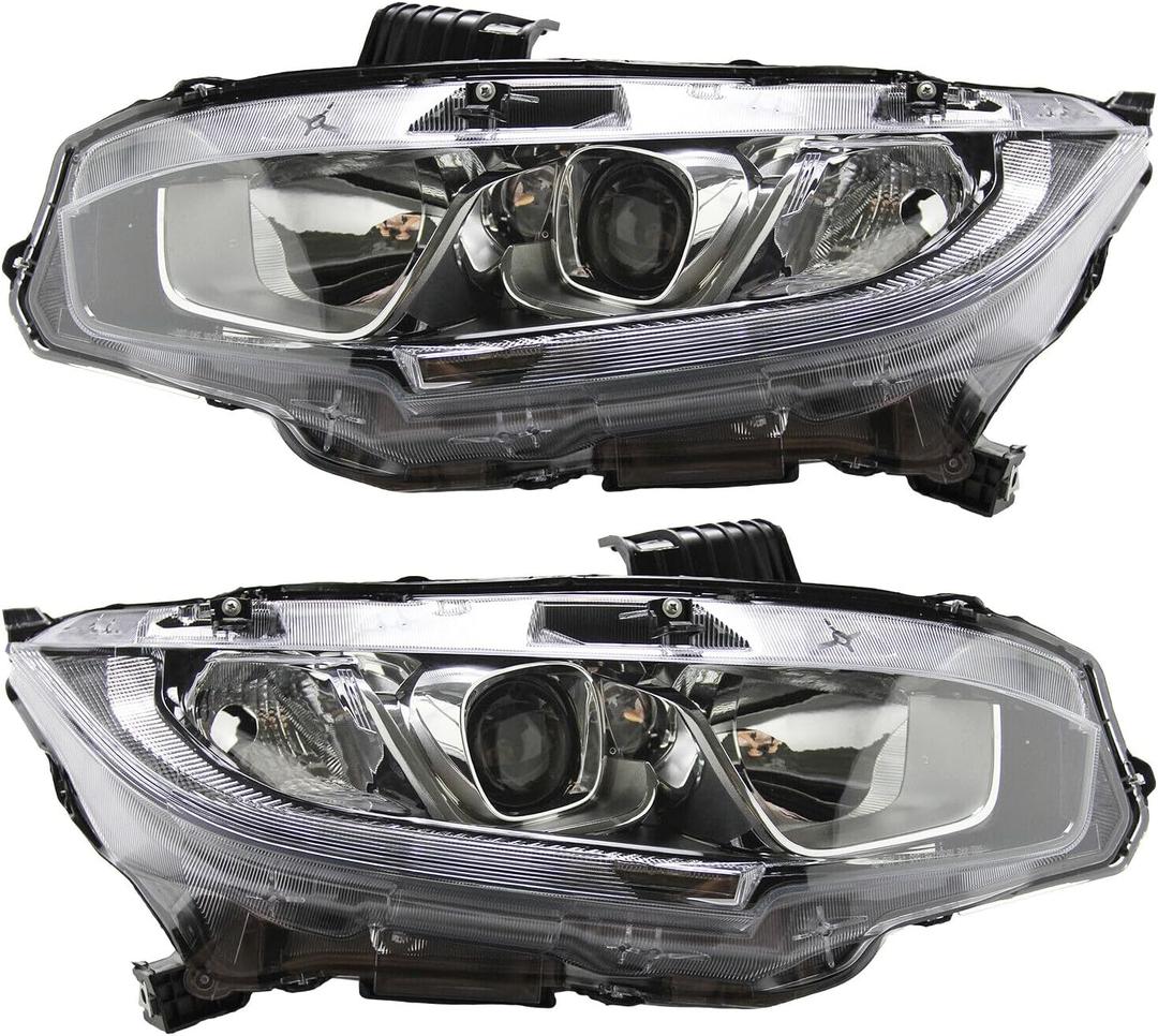 Headlight Assembly Fit for 2016-2021 Honda Civic,Halogen Headlamp w/LED DRL Chrome Housing Replacement Driver Passenger Side