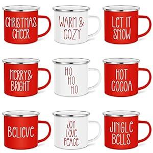 Sieral 9 Pcs Christmas Gifts Enamel Coffee Mugs 12 oz Winter Hot Chocolate Holiday Mugs with Quotes Seasonal White and Red Christmas Party Novelty Cups Xmas Coffee Cups for Coworkers Staff Women Men