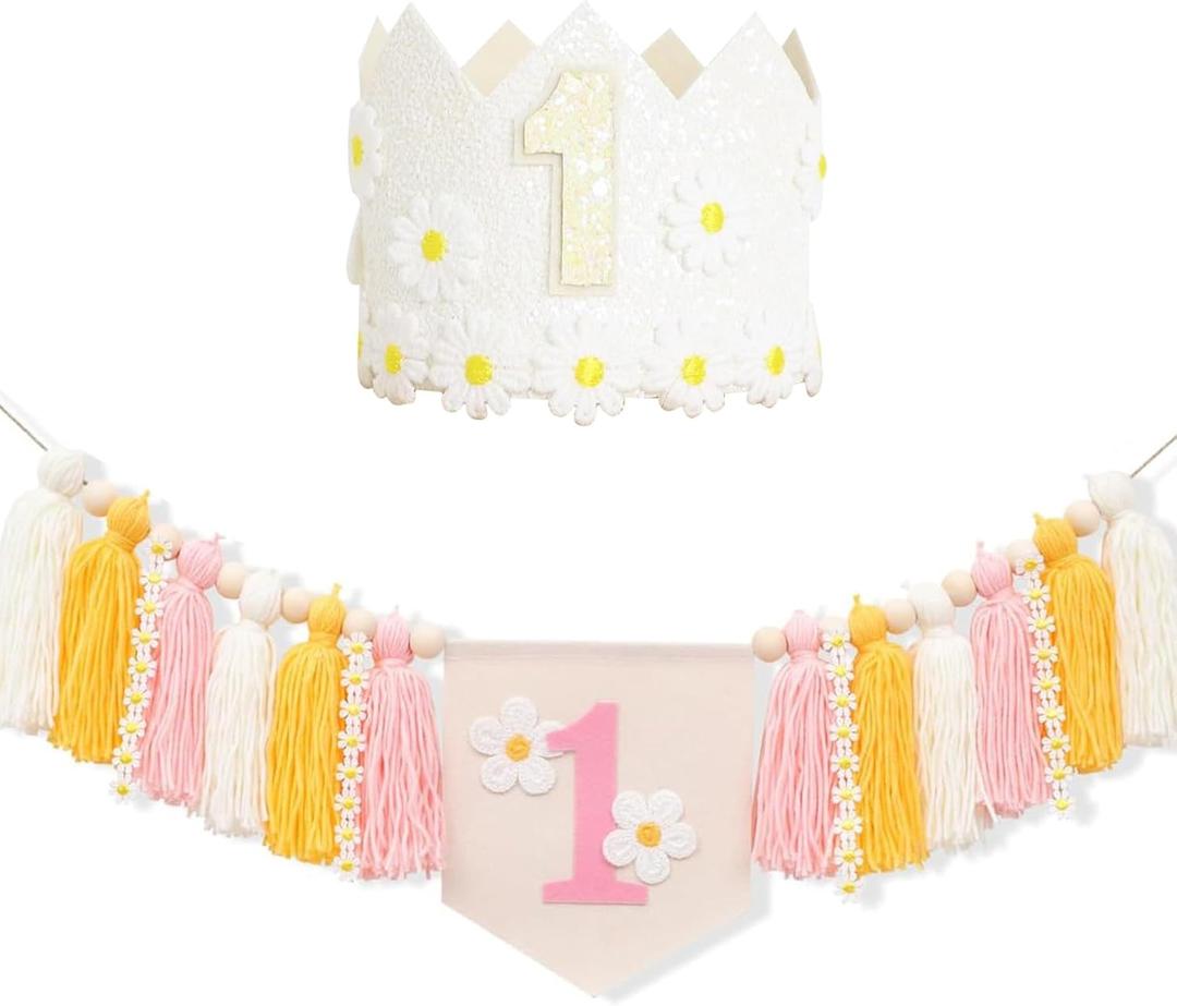 First Birthday High Chair Banner Decorations for Girl,Daisy First Crown Hat,Baby Girl 1st Birthday Decorations Tassel Garland High Chair Banner for Pink One Year Old Party Baby Shower