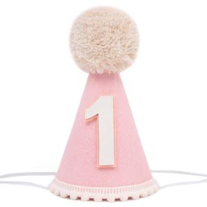Pink First Birthday Hat for Baby Girls - Pink 1st Cone Hat,Crown with Pom Topper,First Birthday Decorations,One Party Photo Props