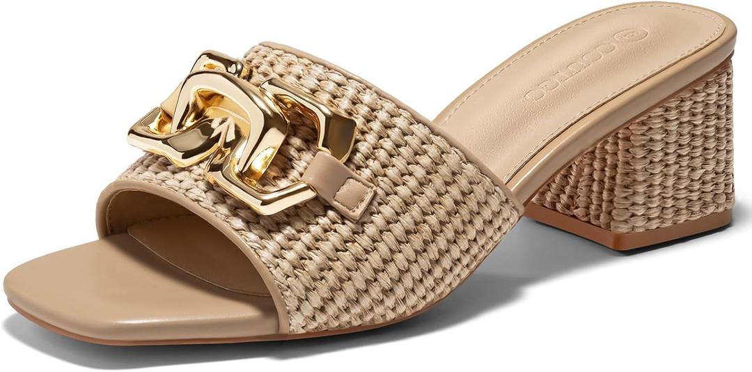 Coutgo Womens Raffia Slide Sandals Chunky Block Heeled Square Open Toe Metal Chain Slip on Mules Dressy Shoes, 7.5