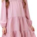 Sunny Spirit Girl's Long Sleeve Dress Tween Fall Formal Party Midi Tiered Flowy Swing Dresses 5-14 Year (6-7 Years, Pink)