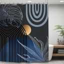 Yookeb Abstract Blue Mid Century Bathroom Shower Curtain 60W by 71H Inch Minimalist Aesthetic Modern Contemporary Plant Leaves Vintage Polyester Fabric 12 Plastic Hooks Waterproof Decor