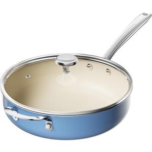 Redchef Ceramic Saute Pan with Lid, Nonstick Deep Frying Pan, 5QT Jumbo Cooker with Helper Handle & Lid, Non Toxic Ceramic Cooking Pan, Chef Pan, Dishwasher & Oven Safe, PFAS PFOA & PTFE Free（Blue）