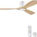 52" Flush Mount Ceiling Fans with Lights and Remote,6 Speeds DC Reversible,Dimmable,Noiseless,White& Light Wood blades Low Profile Ceiling Fans for Bedroom Living Room Patio,Modern Indoor/Outdoor, 52-Remote Control