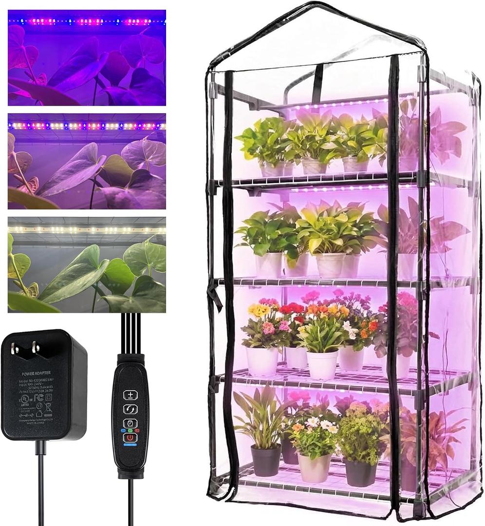 Indoor Greenhouse with Grow Lights, 4-Tier Mini Greenhouse w/Multiple Modes Plant Lights & Waterproof Base Mat & Zippered Door, Walk-in Green House for Growing Plants, Seed Starting, Seed Tray