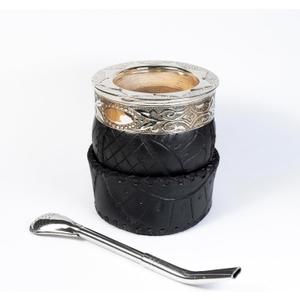 Generic Yerba Mate Gourd with Stainless Steel Bombilla - Handmade Mate Gourd, Mate Drinking Cup, Pumpkin Mate Gourd, Yerba Mate Set, Argentina, Leather Base, Large, Black