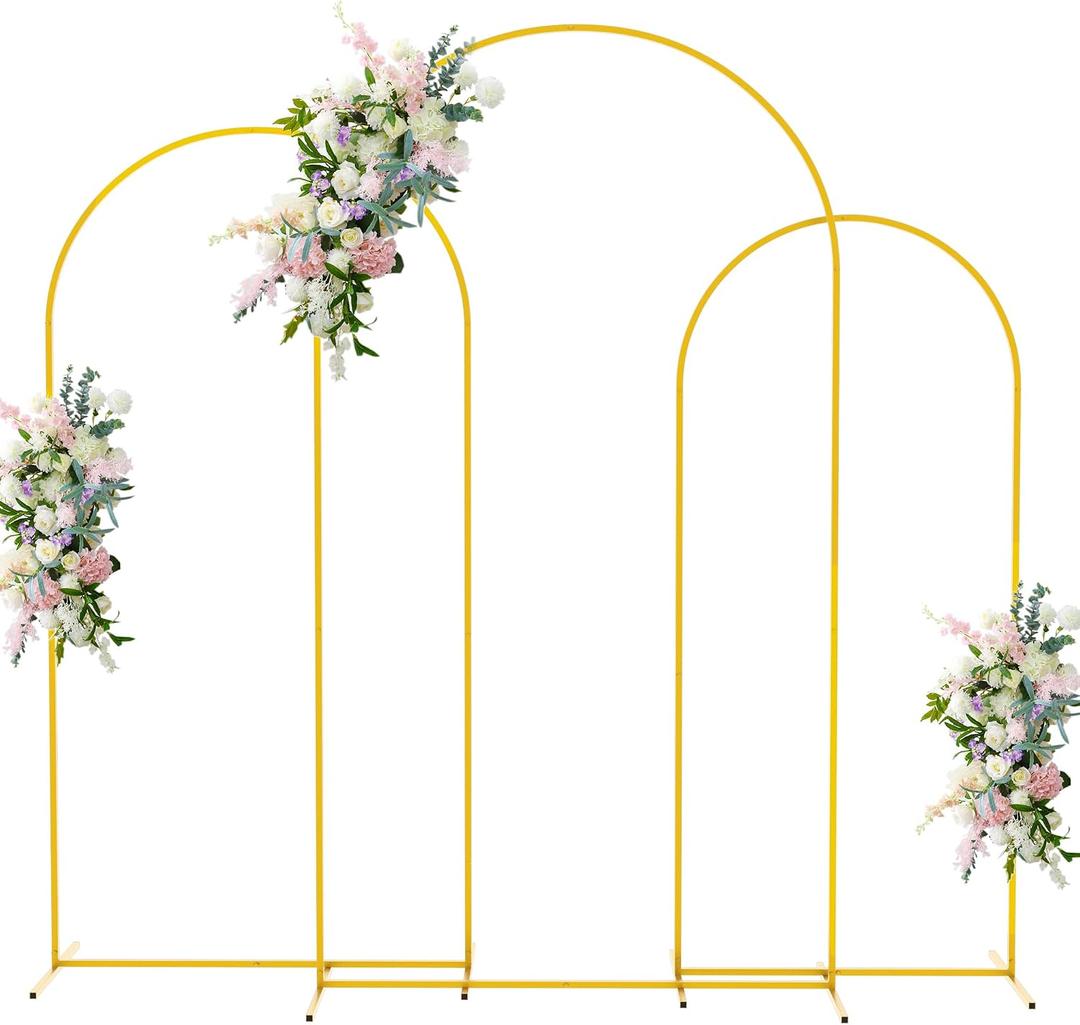 Wedding Arch Backdrop Stand Set of 3 (7.2FT, 6.6FT, 6FT) Gold Metal