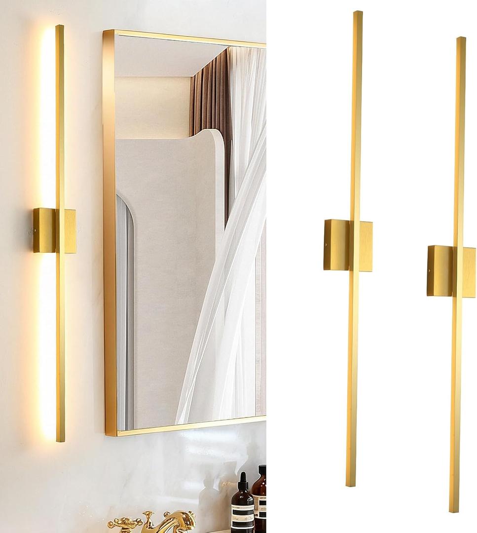 Wall Sconces Set of Two, LED Dimmable Sconces Wall Lighting, Brushed Gold Modern Wall Sconce Light for Bathroom, Living Room, Bedroom, Hardwied 3000K 40''