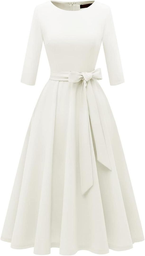 DRESSTELLS Cocktail Dresses for Women, Vintage Wedding Guest 3/4 Sleeves Formal Church Tea Dress (XX-Large, White)