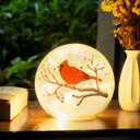 Large Crackle Glass Ball Cardinal Lamp, Light Up Red Cardinal Stained Glass Christmas Decor Accent Lamp, Lighted Red Bird Globe Table Light, Led Sphere Desk Lamp (5")