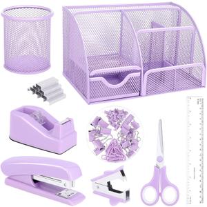 Purple Mesh Desk Organizer and Accessories, Purple Office Supplies 7 Compartments Desk Organizer with Stapler, Tape Dispenser, 1000 Staples, Pen Holder, Staple Remover, Clips, Ruler, Scissors